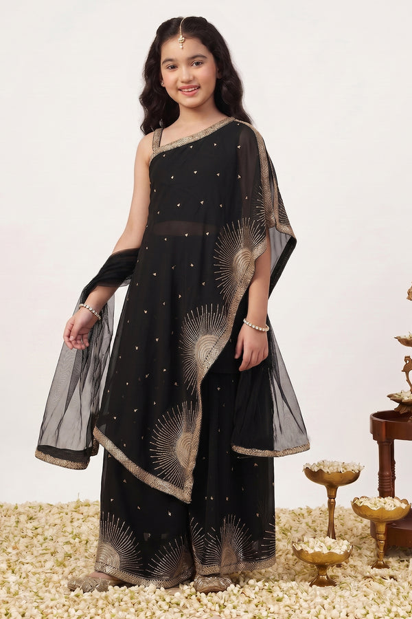 Girls Black Silk Blend Ethnic Motifs Kurta and Palazzo With Dupatta For Asymmetrical Cape-Style kurta Set