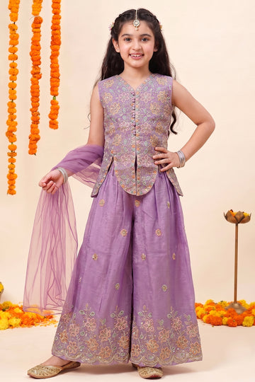 Girls Purple Silk Blend Embroidered Top and Palazzo With Dupatta Fusion Party Wear