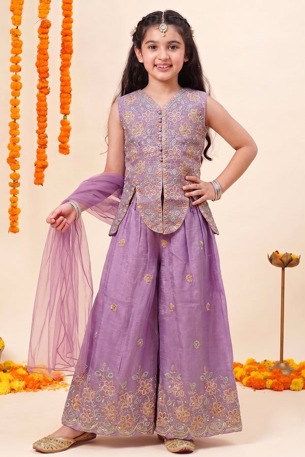 Girls Purple Silk Blend Embroidered Top and Palazzo With Dupatta Fusion Party Wear