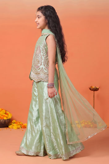 Girls pista Silk Blend Bead work and Embroidered Top and Palazzo with Dupatta Ethnic Set