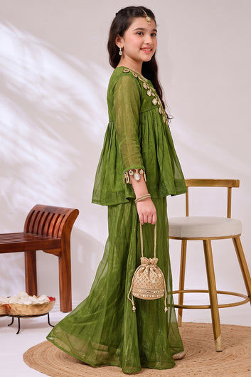 Girls Green Silk Blend Floral Embroidered Top and Palazzo For Stylish Look