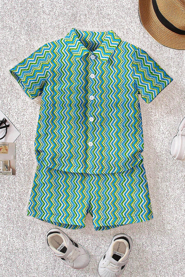 Boys Multicolor Cotton Blend Stripe Printed Shirt With Short Pant Set