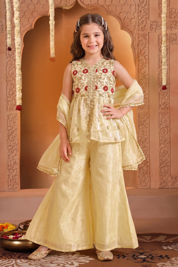 Girls Off white Embroidered Kurta and Palazzo With Dupatta Set For Ethnic Wear