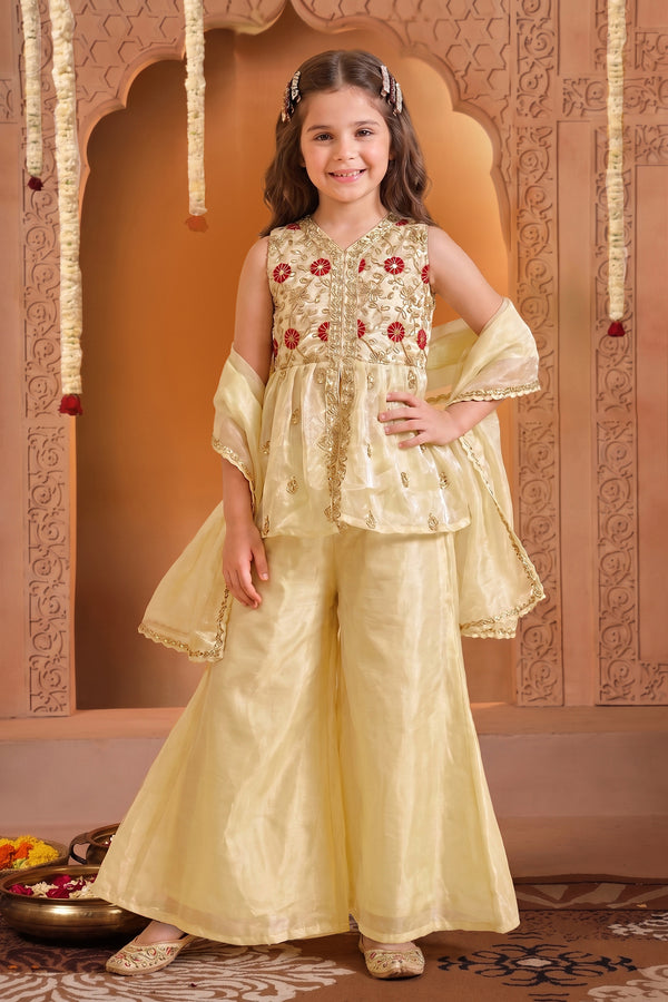 Girls Off white Embroidered Kurta and Palazzo With Dupatta Set For Ethnic Wear