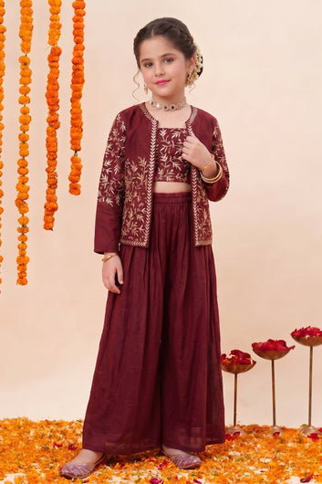 Girls Maroon Silk Blend Embroidered Crop Top with Shrug and Palazzo Girls Ethnic set