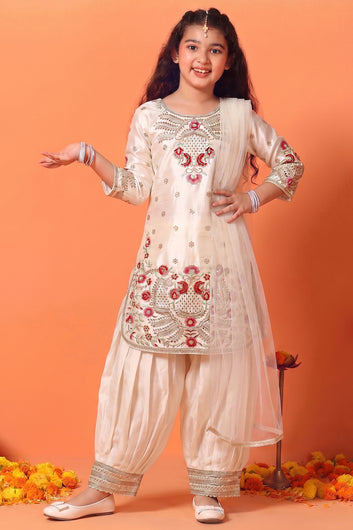 Girls White Silk Blend Floral Sequin Embroidered Kurta and Salwar Set with Dupatta