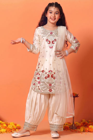 Girls White Silk Blend Embroidered Salwar Suit With Net Dupatta Set