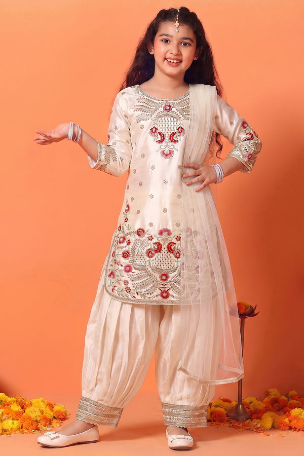 Girls White Silk Blend Embroidered Salwar Suit With Net Dupatta Set
