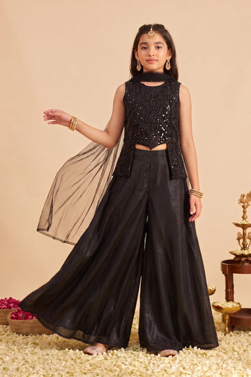 Girls Black Silk Blend Embroidered Top and Palazzo With Dupatta For Trendy Ethnic Set