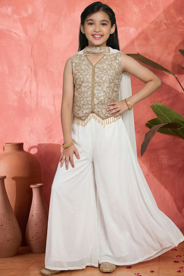 Girls Off White Georgette Crop Top And Palazzo With Dupatta For Trendy Look