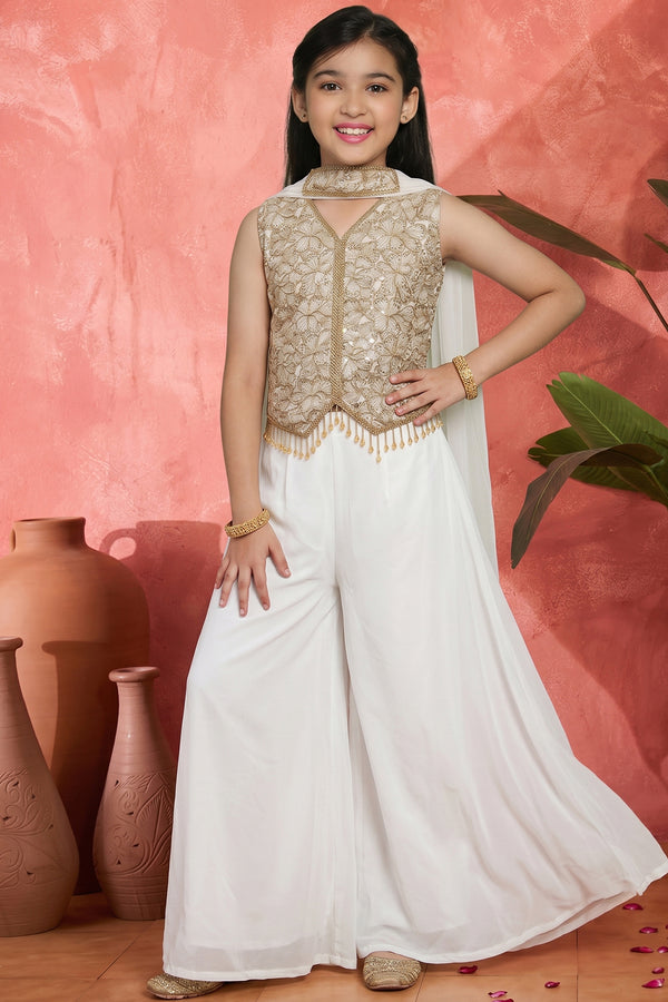 Girls Off White Georgette Crop Top And Palazzo With Dupatta For Trendy Look