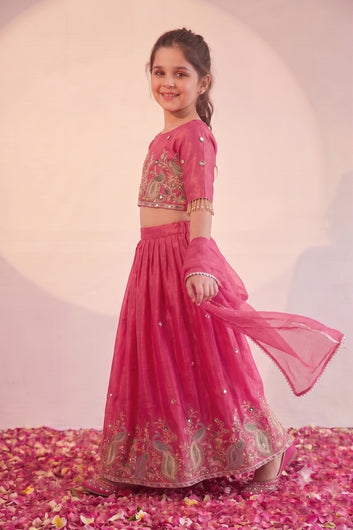 Girls Pink Silk Blend Floral Embroidered Lehenga and Choli with Silk Dupatta For Three Piece Lehenga Set