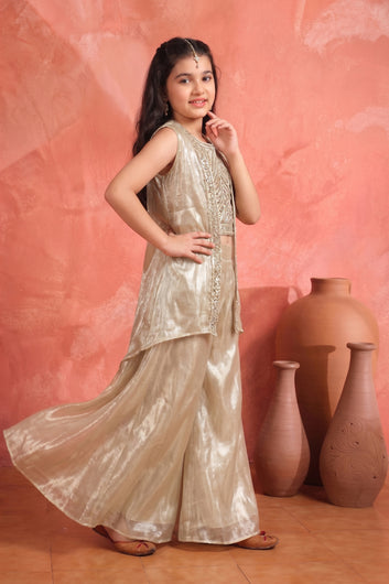 Girls Chikoo Silk Blend Bead Embroidered Crop Top and Palazzo With Shrug Girls Indo western Set