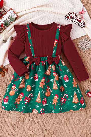 Girls Maroon Cottton Blend Christmas Printed Fit And Flare Knee Length Dress