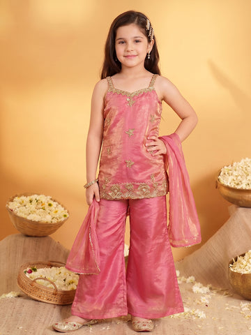 Girls Pink Silk Blend Embroidered Kurta and Palazzo with Dupatta For Trendy look