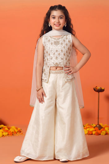 Girls White Silk Blend Embroidered Top and Palazzo With Dupatta Ethnic Set