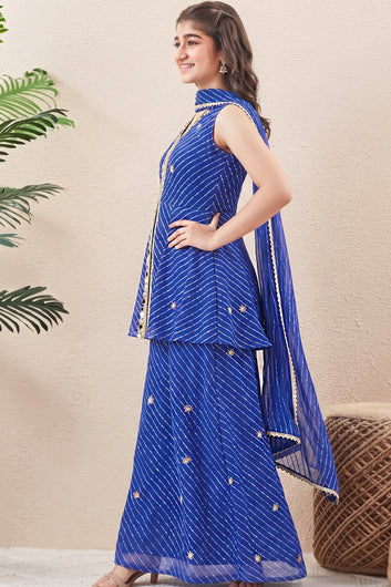 Girls Royal Blue Georgette Floral Embroidered Kurta and Palazzo with Dupatta Set For Girls