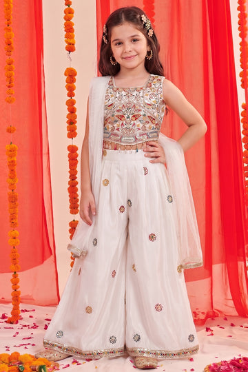 Baby Off-White Silk Blend Sequin Embroidered Crop Top and Palazzo Set with Net Dupatta For Party Wear Ethnic Outfit