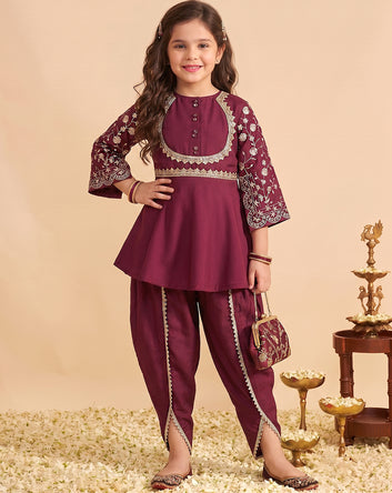 Girls Dark Purple Silk Blend kurta and Dhoti Pant Ethnic Wear