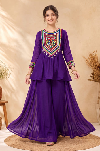 Girls Violet Silk Blend Embroidered A-line Kurta and Palazzo Set For Traditional Look