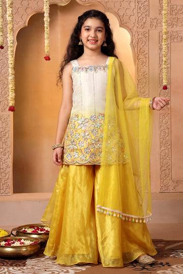 Girls Yellow Silk Blend Floral Sequin Embroidered Kurta Palazzo with Inner and Dupatta Ethnic Set