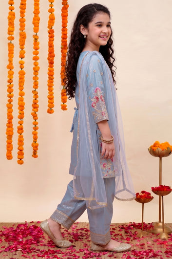 Girls Sky Blue Silk Blend Embroidered Salwar Suit Set with Dupatta