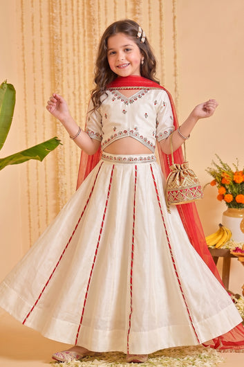 Girls Off White Roman Silk Embroidered Lehenga Choli With Dupatta Set Traditional 3-Piece Festive Outfit for Kids