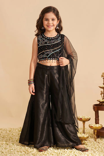 Baby Black Silk Blend Sequin Embroidery Crop Top and Flared Palazzo with Dupatta Ethnic Set