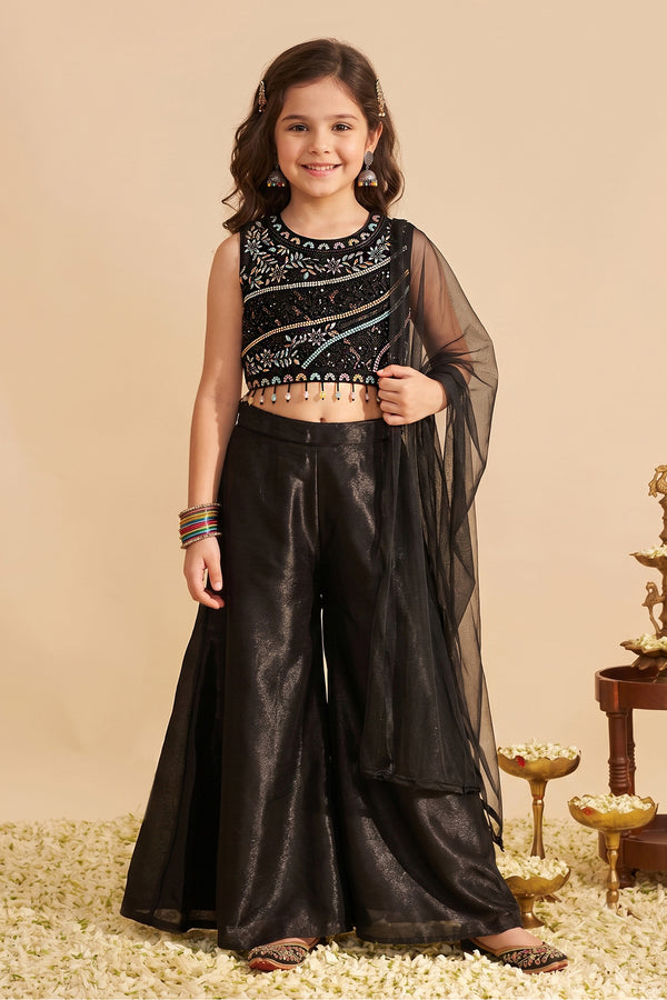 Baby Black Silk Blend Sequin Embroidery Crop Top and Flared Palazzo with Dupatta Ethnic Set