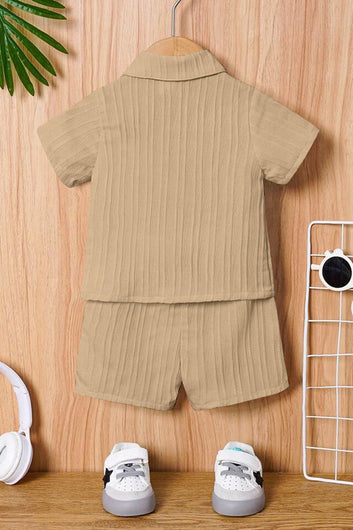 Boys Beige Cotton Blend Striped Printed Shirt With Short Pant Set