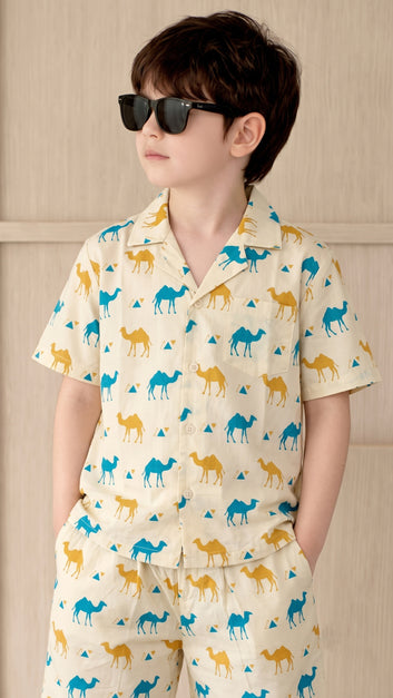 Boys Beige Cotton Blend Animal Motifs Printed Shirt and Shorts For Boys Clothing Set