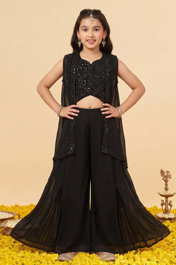 Girls Black Silk Blend Sequin Bead Embroidered Crop Top and Palazzo With Shrug Ethnic Set