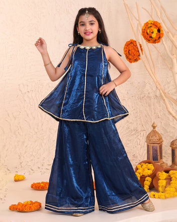 Girls Dark Blue Embroidered Top and Palazzo With Dupatta Set Ethnic outfit for girls