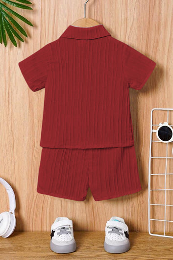 Boys Maroon Cotton Blend Striped Printed Shirt With Short Pant Set