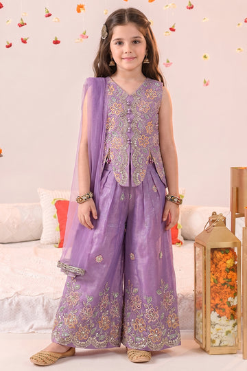 Girls Purple Silk Blend Embroidered Top and Palazzo With Dupatta Fusion Party Wear