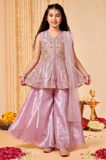 Girls Lavender Silk Blend Ethnic Wear Palazzo Set with Sequin Bead Embroidery Work - Peplum Kurta, Flared Palazzo & Dupatta
