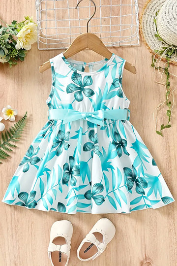 Girls Green Cottton Blend Floral Printed Fit And Flare Knee Length Dress