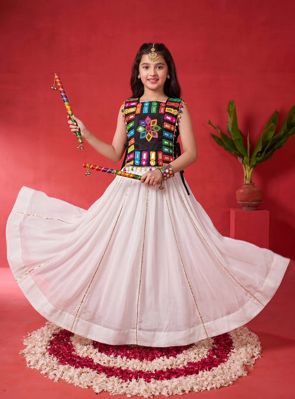 Girls Off white Silk Blend Embellished Lehenga and Choli with Inner Top for traditional Look