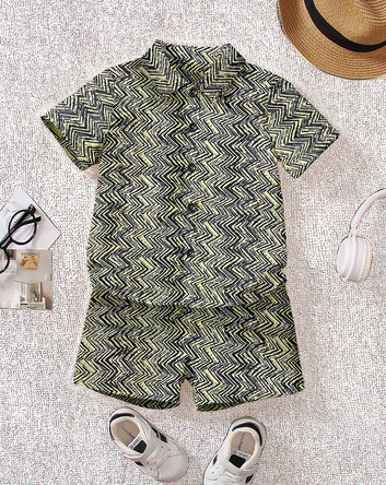 Boys Beige Cotton Blend Zig Zag Print Shirt and Shorts For Casual Wear