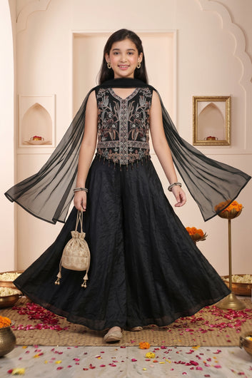 Girls Black Silk Blend Sequin Embroidered Crop Top and Palazzo with Dupatta Set For Traditional Wear