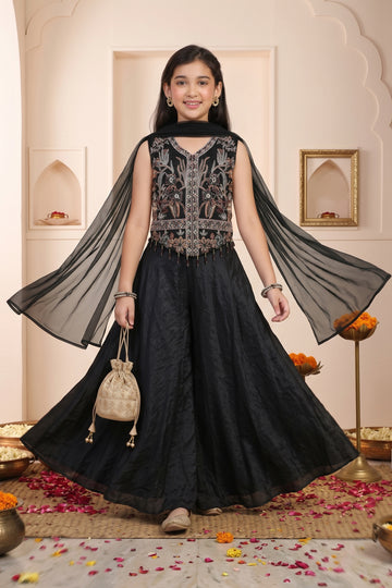 Girls Black Silk Blend Sequin Embroidered Crop Top and Palazzo with Dupatta Set For Traditional Wear