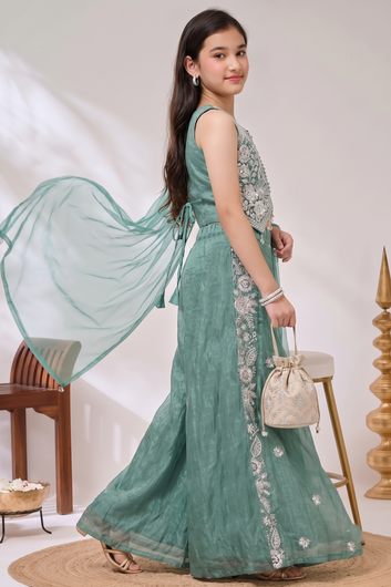 Girls Olive Silk Blend Sequin Bead Work Crop Top and Palazzo With Dupatta Set For Girls