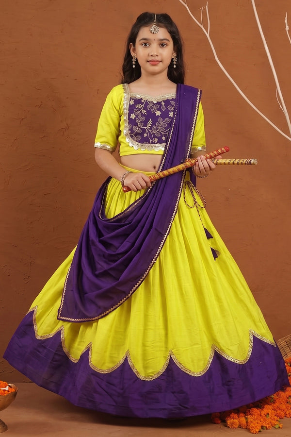 Girls Yellow Silk Blend Floral Embroidered Lehenga Choli With Dupatta Set for festive look
