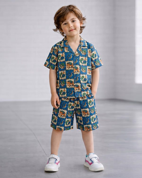 Boys Blue Cotton Blend Animal Printed Shirt and Shorts Set For Casual Wear