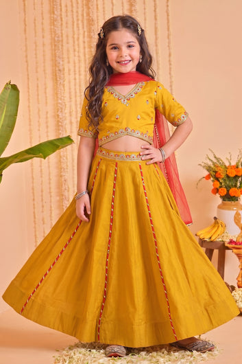 Girls Mustard Roman Silk Embroidered Lehenga Choli With Dupatta Set Traditional 3-Piece Festive Outfit for Kids