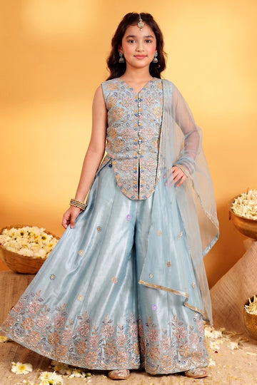 Girls Light Blue Floral Embroidered 3-Piece Indo Western Set- Embroidered Top, Flared Palazzo & Dupatta