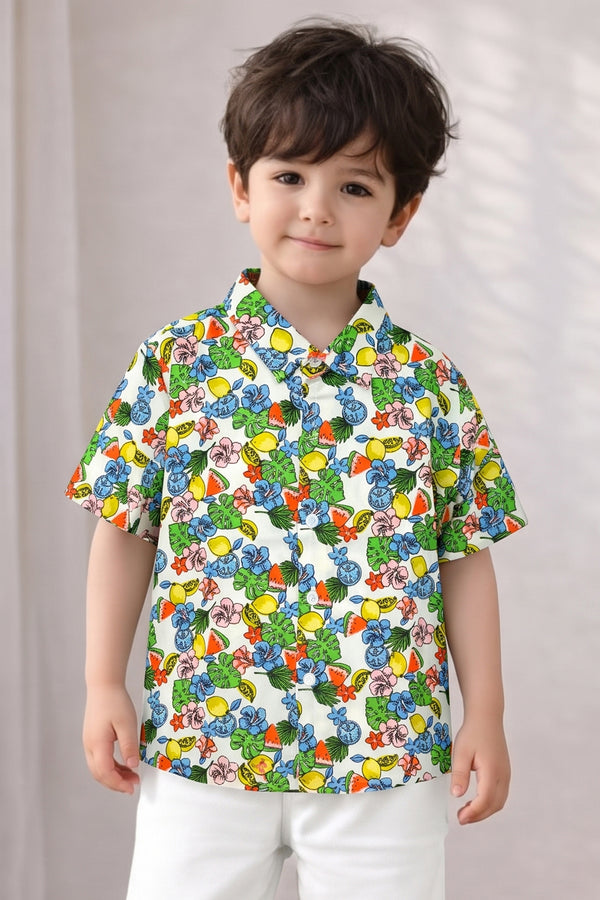 Boys Multicolor Cotton Blend Floral Printed Shirt For Summer Trend
