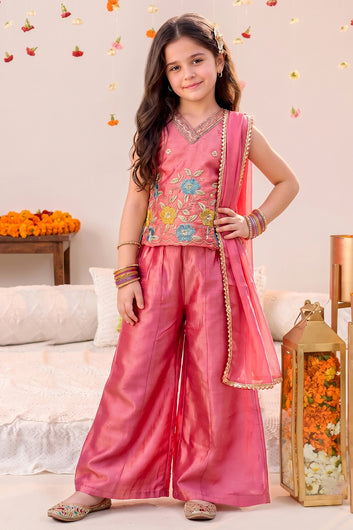 Girls Pink Silk Blend Floral Embroidery Top and Palazzo With Dupatta For Festive Wear