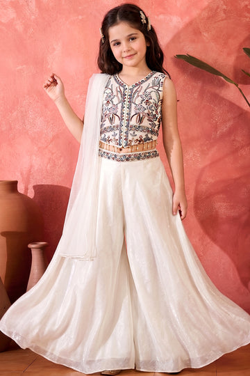  Baby White Silk Blend Crop Top and Palazzo with Dupatta Embroidered Three Piece Ethnic Festive & Party Wear