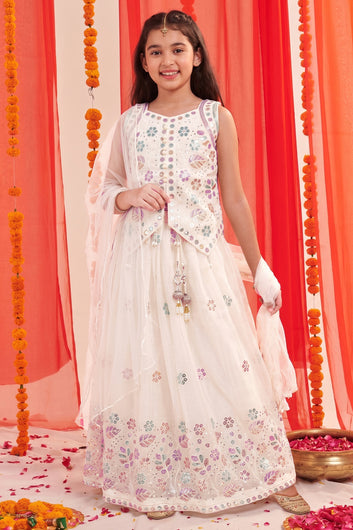 Girls White Silk Blend Festive Wear Embroidered Lehenga Set with Sleeveless Choli & Dupatta